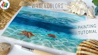 Step by Step WATERCOLOR TUTORIAL underwater ocean starfish [upl. by Rodenhouse]